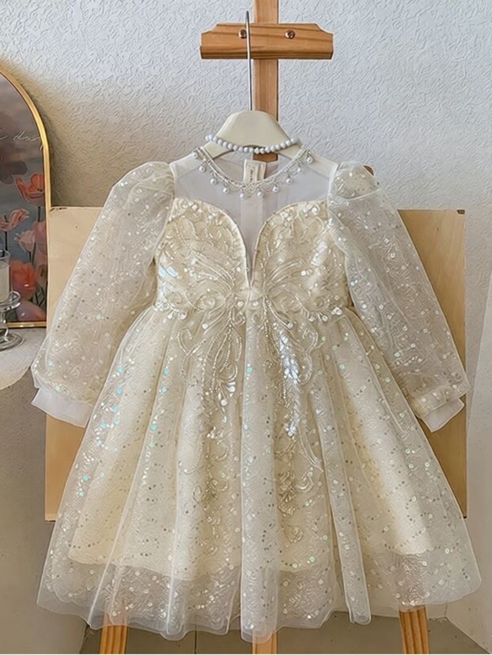 Elegant Cream Sequined Tulle Dress for Girls